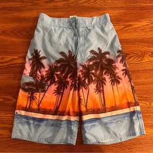 *EUC* Joe Boxer Boys Swim Trunks Board Shorts Size L 14/16 Blue Beach Palm trees